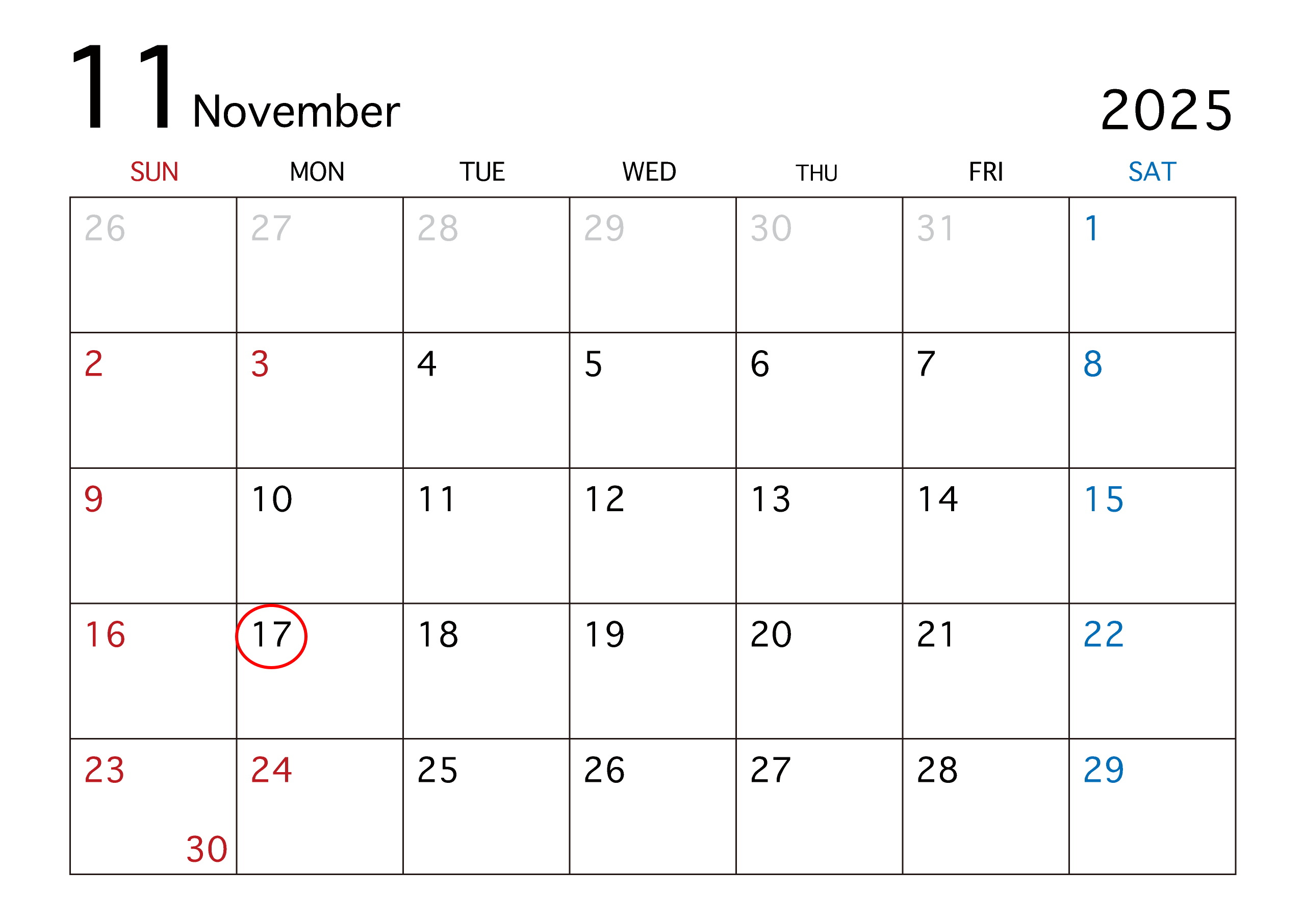 １１月カレンダー